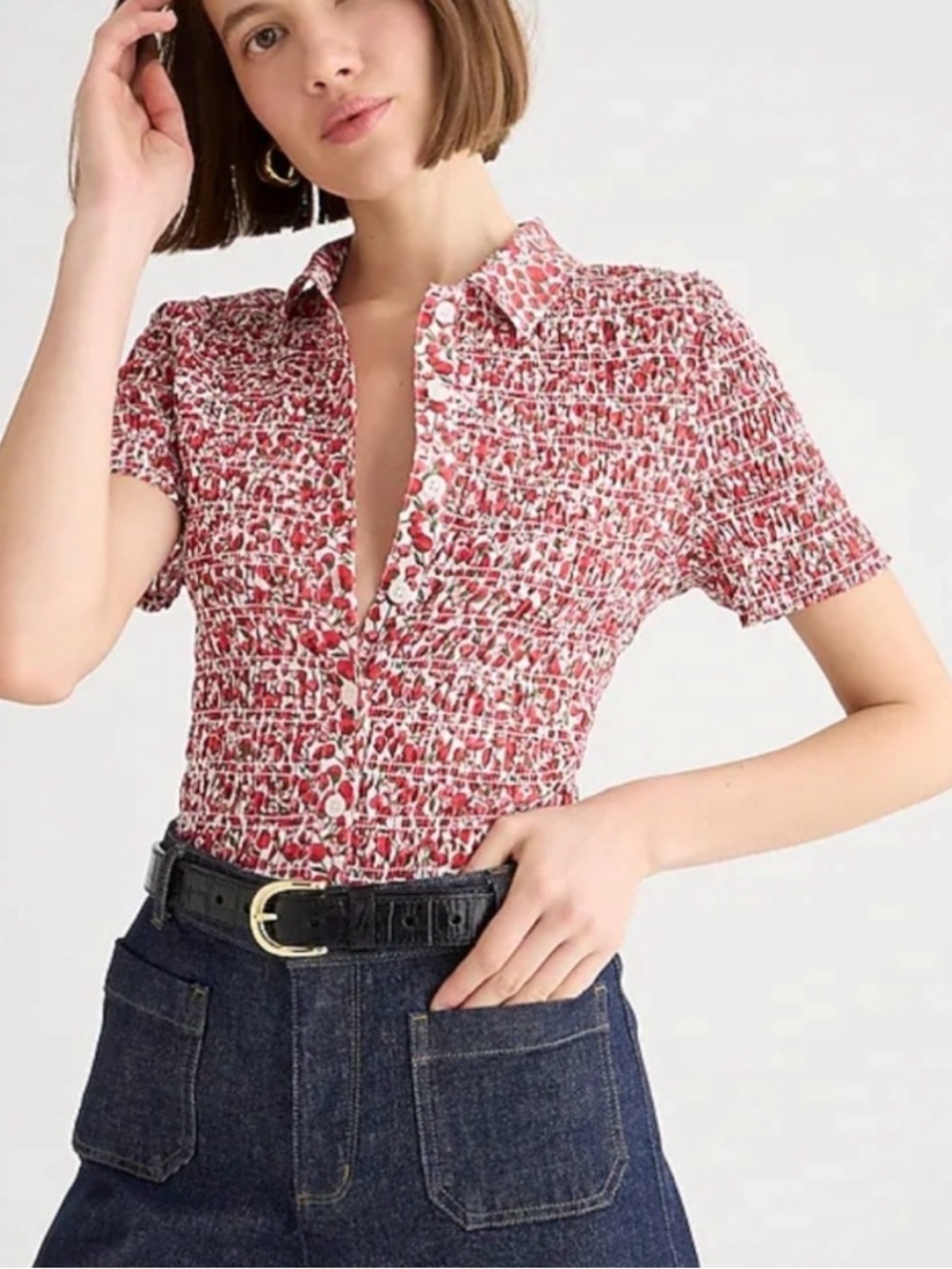 J. Crew Red Floral Smocked Button-Down Top